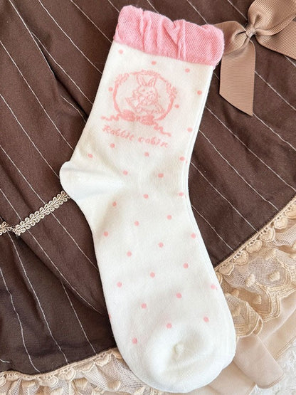 Mint Green/Pink/Black/Brown Lolita Bunny Print Polka-dot Pattern Ruffled Calf Stock