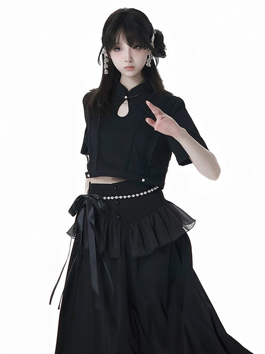 Black Cheongsam Collar Bead Details Short Sleeves Top