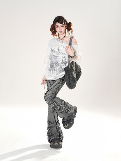 Asymmetrical Neckline Lace Trim Butterfly Print Black/White Loose T-shirt