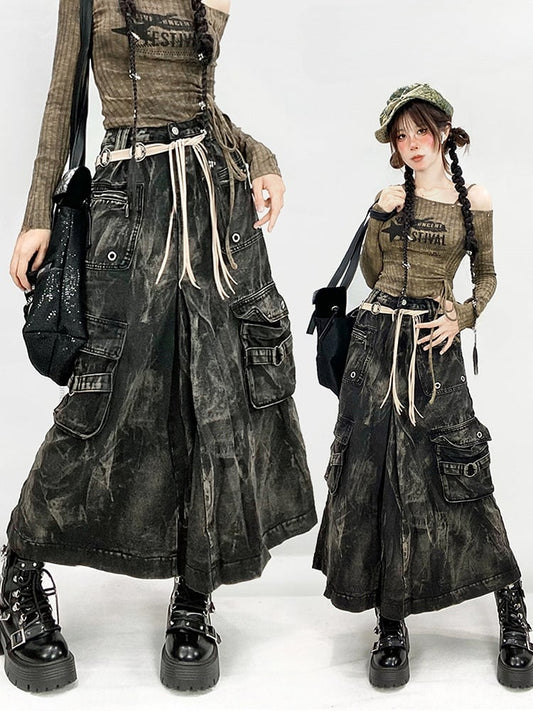 Black Faded Wash Cargo Pockets Wasteland Punk Skirt