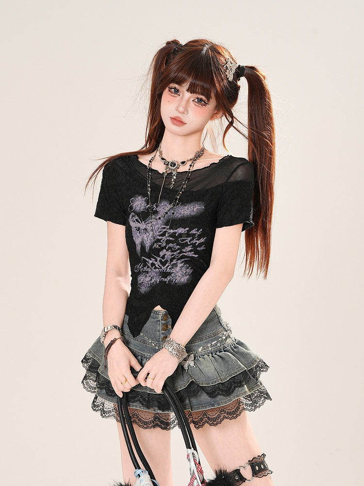 Butterfly Print Curved Hem Black Mesh T-Shirt