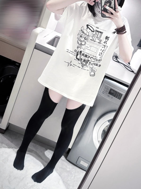 Jirai Kei Black/White Round Neck Cyberpunk Angel Print Cotton T-Shirt