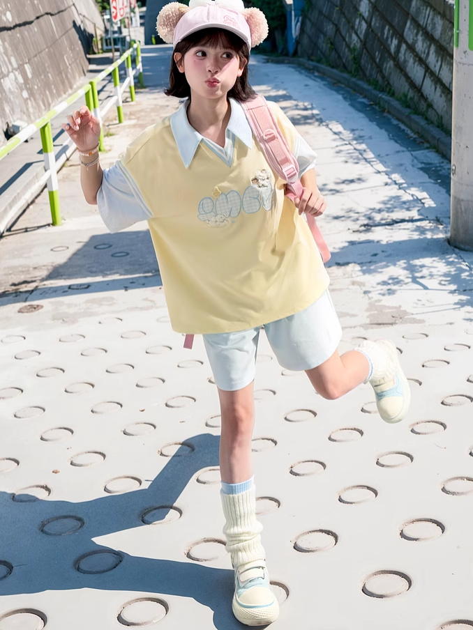 Cute Puppy Embroidery Apricot/Blue Colorblock Design Loose T-shirt Faux Two-pieces