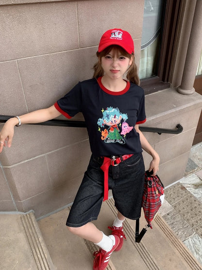 Navy Blue Round Neck Cartoon Print Contrast Trim T-shirt