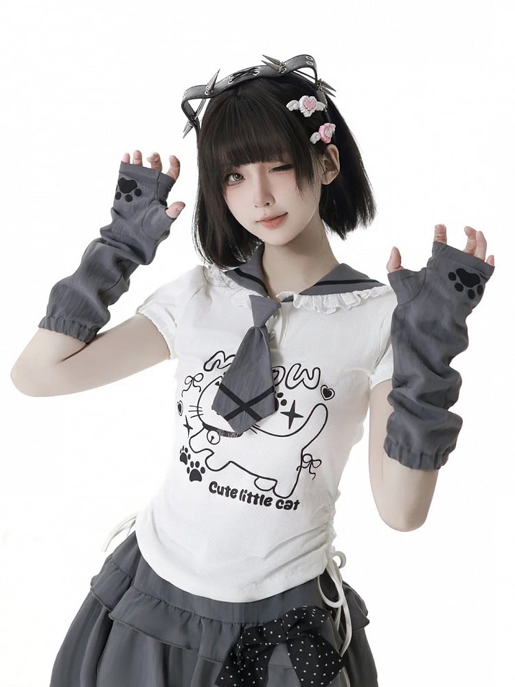 Kitty Ears Design Sailor Collar White Drawstring Side T-shirt with Free Armwear