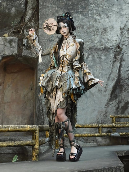 Chinoiserie Knot Buttons Boned Corset Tassels Hemline