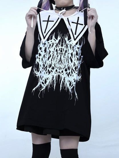 Black Jirai Kei Butterfly Print Round Neck T-shirt