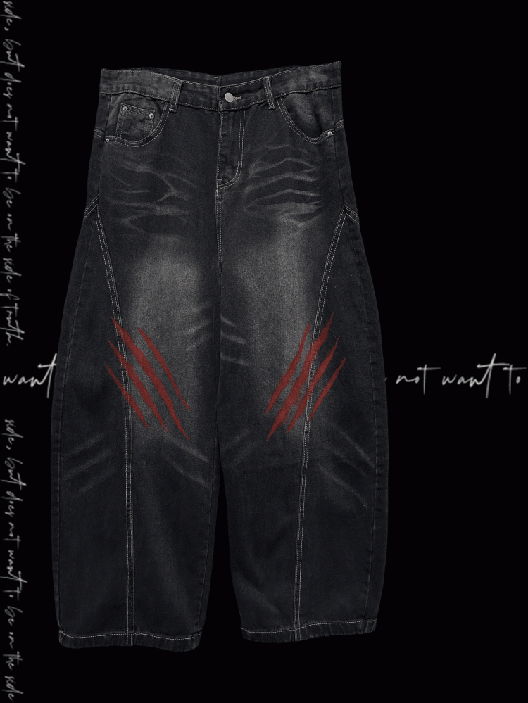 Black Faded Wash Scratch Print Distressed Punk Wide-Leg Jeans