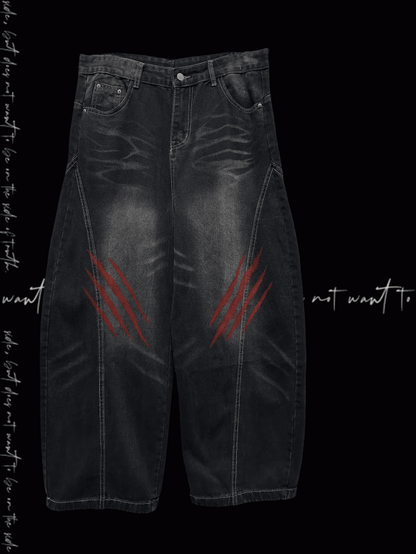 Black Faded Wash Scratch Print Distressed Punk Wide-Leg Jeans