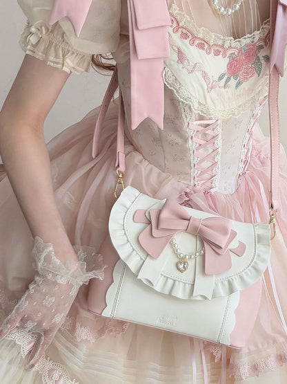 Elegant Lolita Pink & White Hand/Crossbody Bay - Crystal Heart Charm with Beaded Chain Bow & Dual Detachable Straps