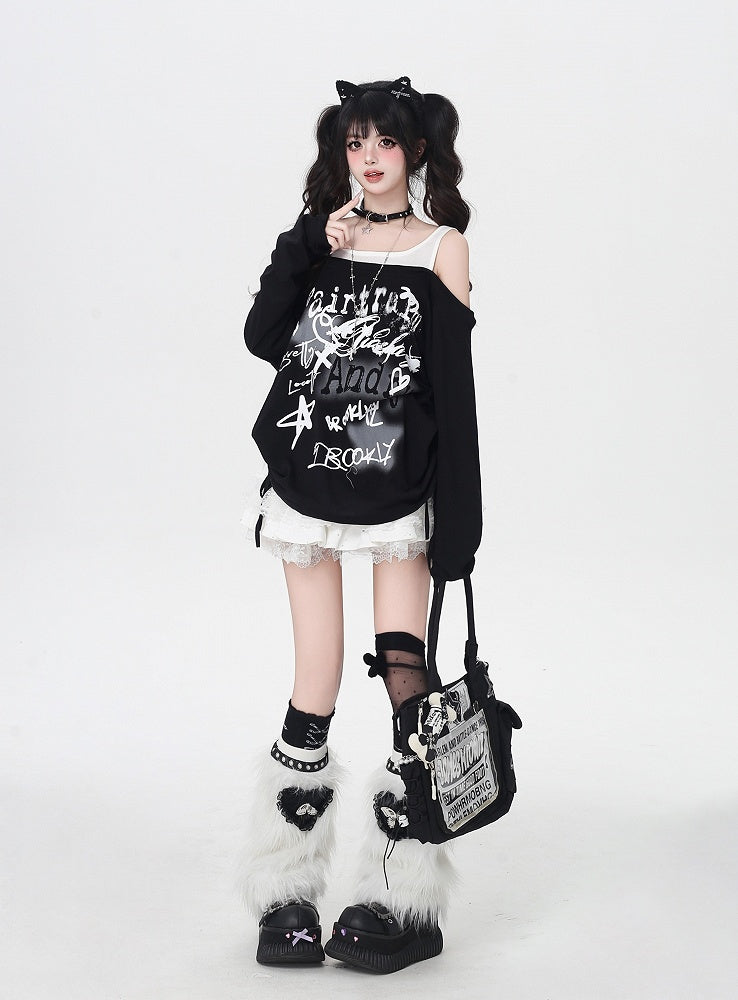 Y2K Star Print Open Shoulder Black/White Top Faux Two-pieces