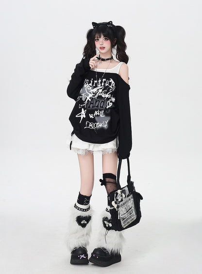 Y2K Star Print Open Shoulder Black/White Top Faux Two-pieces