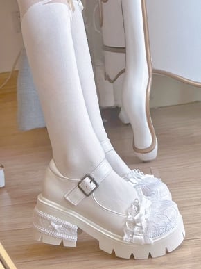 Lace Details Bow Accents Beige Platform Mary Janes