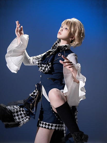 Prince Style Ouji Lolita Handkerchief Hem Dark Blue Checked Pattern Shorts