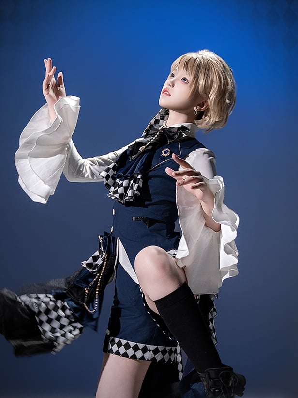 Dark Blue Foldover Collar Curved Hem Prince Style Ouji Lolita Waistcoat with Free Brooch