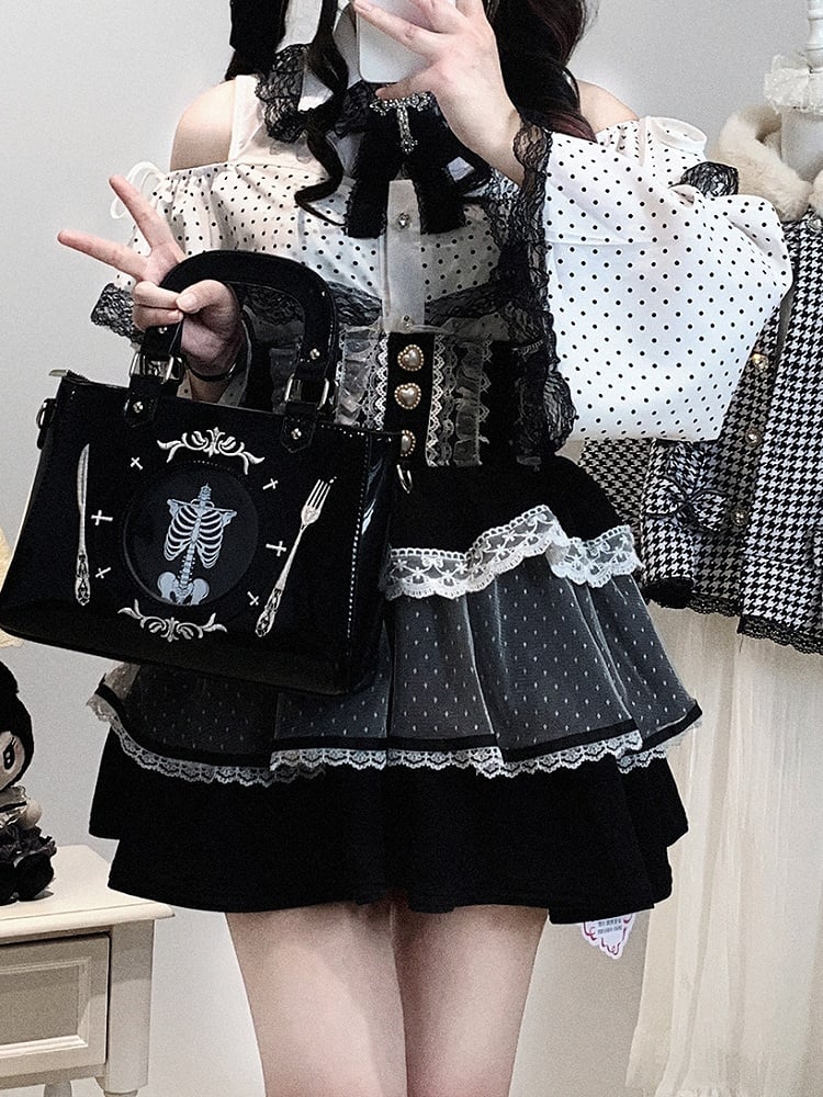 Jirai Kei White / Pink Polka-dot Blouse | Bell Sleeves, Cut-Out Shoulder with Drawstring & Heart Buttons