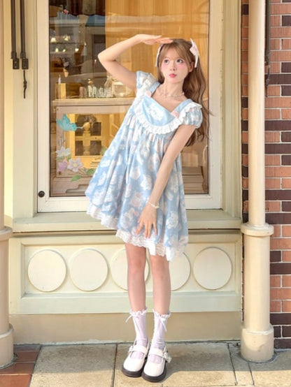 Blue Square Neck Puff Sleeve Adorable Lamb Print Sweet Lolita Dress