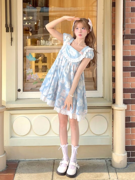 Blue Square Neck Puff Sleeve Adorable Lamb Print Sweet Lolita Dress