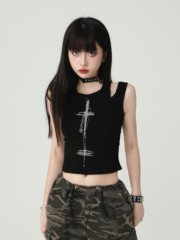 Gothic Black Cross Print Backless Glamorous Cropped Sleeveless Top