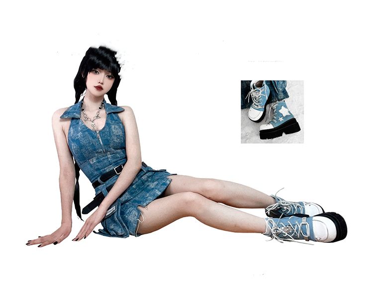 Star Appliques Punk Blue Denim Platform Ankle Boots