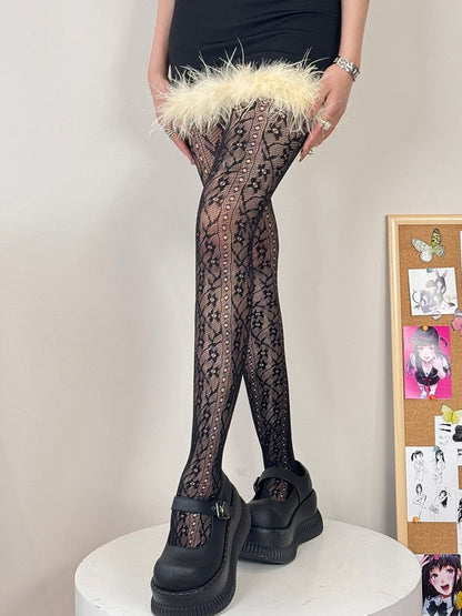 Black/White/Gray/Brown/Blue Hollow-out Design Floral Pattern Tights