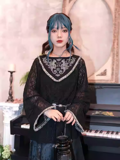 Seahorse and Coral Embroidery Tassel Hem Black Cheongsam Style Hollow-out Lace Top