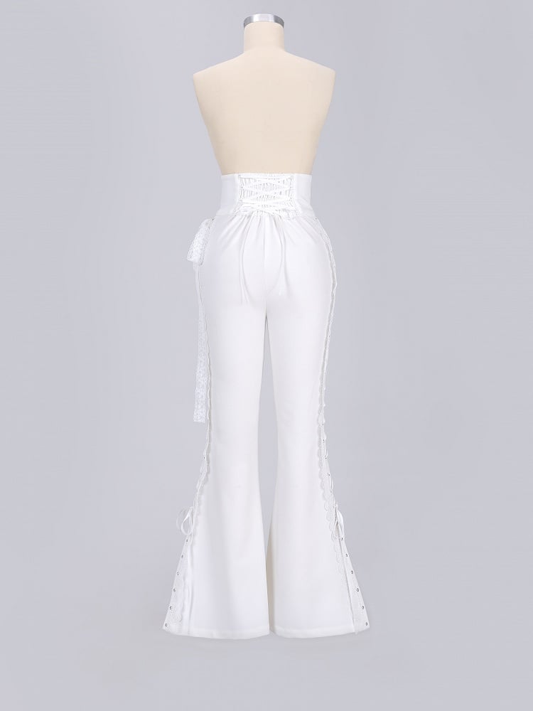 White Boned High Waist Side-Tie Lace Flare Pants