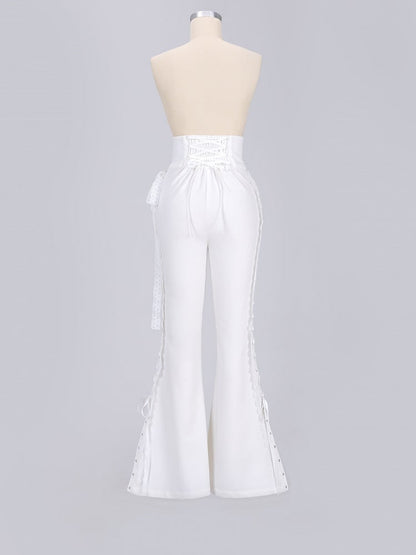 White Boned High Waist Side-Tie Lace Flare Pants