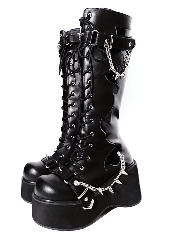 Matte Black Punk Goth Platform Boots Spike Studs Chains Knee-high Boots