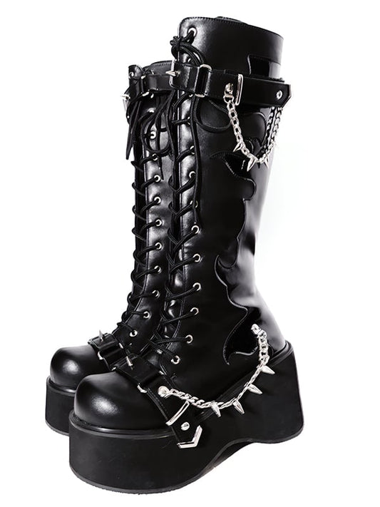 Matte Black Punk Goth Platform Boots Spike Studs Chains Knee-high Boots