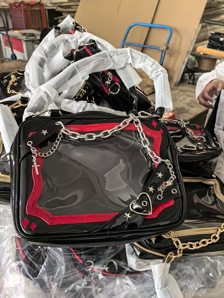Black & Red Crisscross Strap Ita Shoulder Bag with Cross Charm Chain