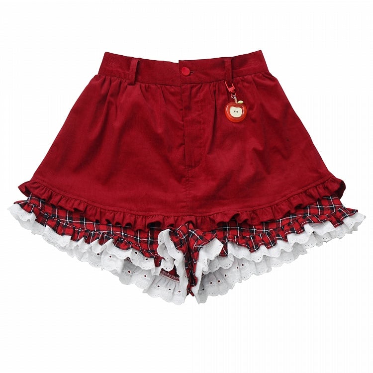 Red Plaid Cuff Shorts with Ruffled Lace Trim