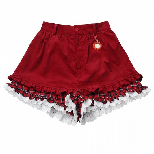 Red Plaid Cuff Shorts with Ruffled Lace Trim