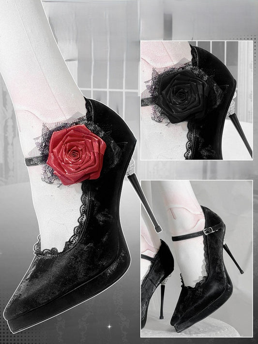 Black Gothic Floral Decorated Pointed Toe PU High Heels