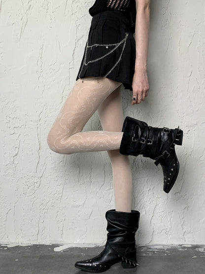 Black/White Y2K Side Floral Pattern Semi-sheer Tights
