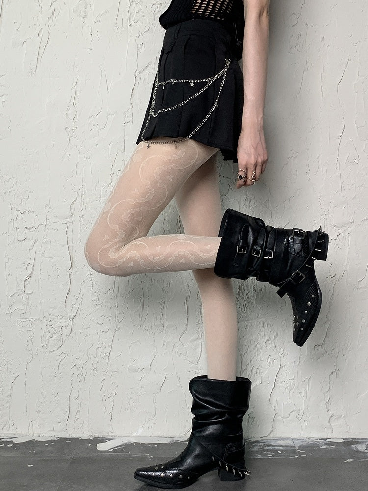 Black/White Y2K Side Floral Pattern Semi-sheer Tights
