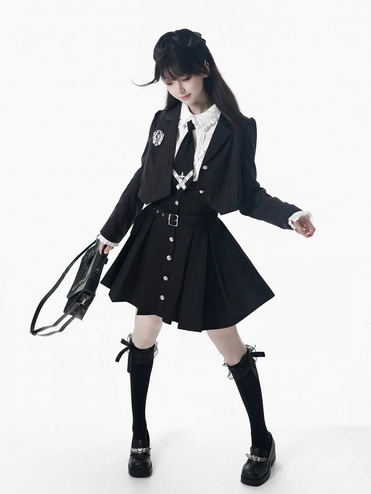 Black Striped Cropped Blazer with Preppy Badge & Subtle Silver Accents