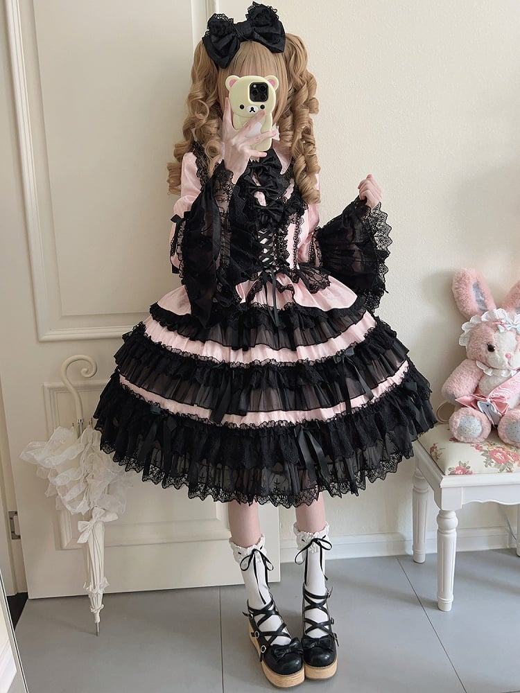 Black and Pink Tiered Ruffle Skirt Bows Decorated Long Bell Sleeves Lolita Dress