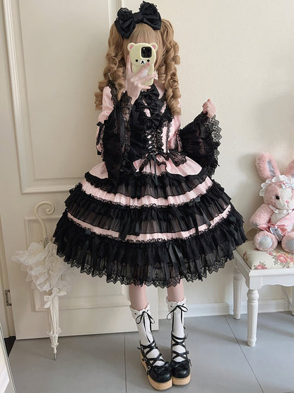 Black and Pink Tiered Ruffle Skirt Bows Decorated Long Bell Sleeves Lolita Dress
