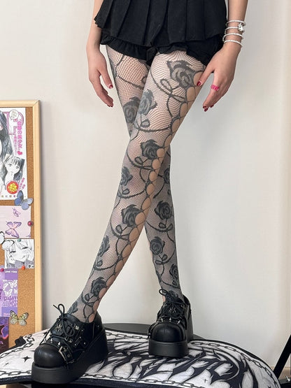 Black&Gray/Purple&Green Y2K Floral Pattern Cut-out Design Tights