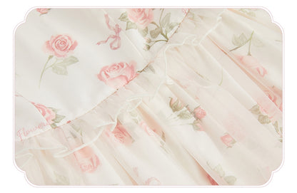 Pink Rosette Print White Illusion Neckline Summer Lolita Dress