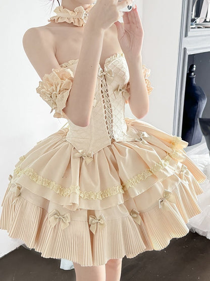 Cream-colored Sweet Lolita Diamond Pattern Corset Top + Skirt + Choker + Wrist Cuffs + KC Full Set
