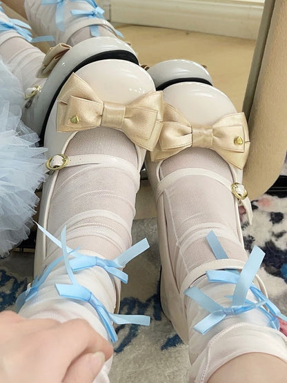 Heart-Decorated Champagne Bow PU Leather White High Block Heel Mary Janes in Sweet Lolita