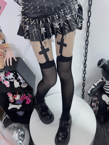Black/White Y2K Gyaru Fashion Cross Applique Suspender Stockings