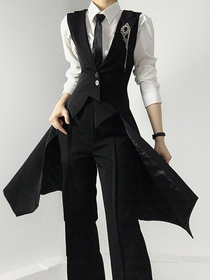 Ouji Lolita Black Tailcoat Vest with Peaked Lapel & Triangular Back Slit