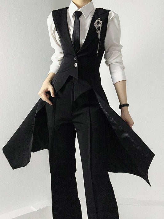 Ouji Lolita Black Tailcoat Vest with Peaked Lapel & Triangular Back Slit