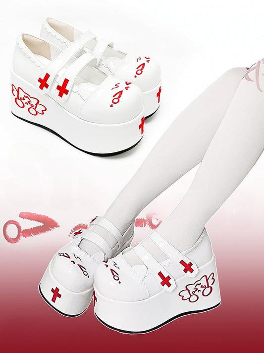 Crying Kitty and Cross Embroidery Red and White Velcro Straps Platforms