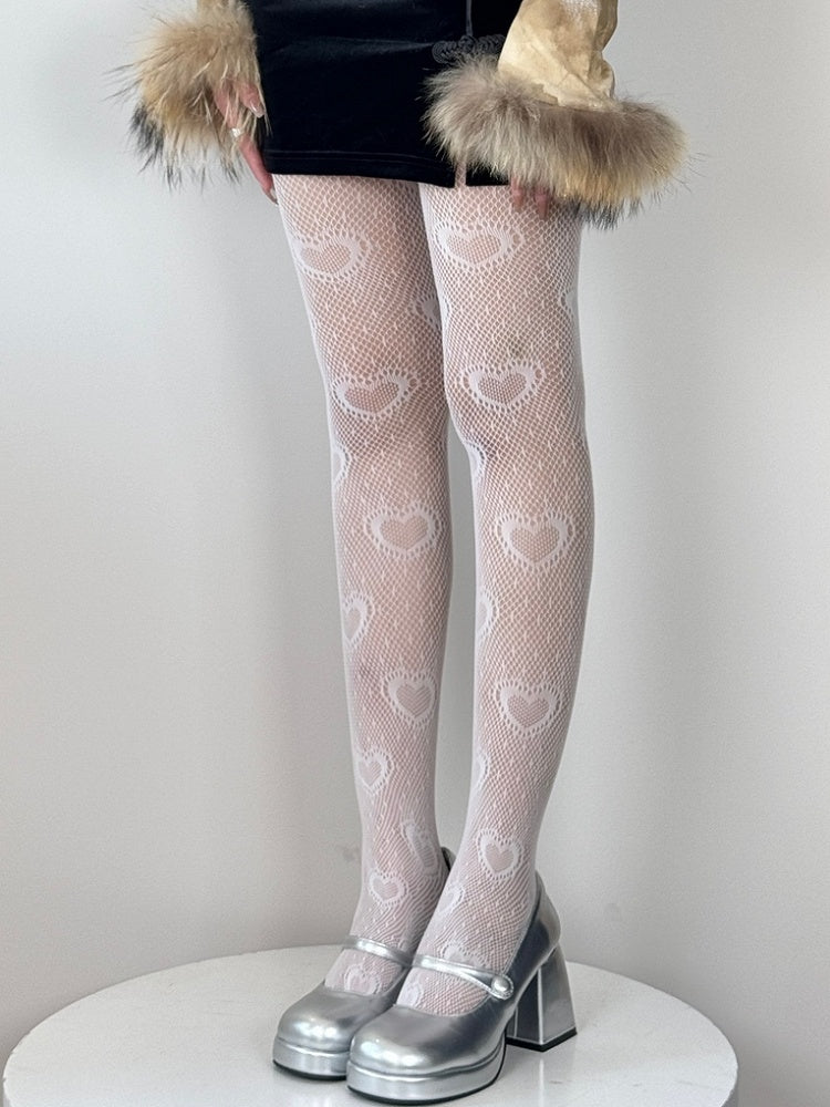 Black/White Y2K Polka-dot Pattern Heart Details Tights
