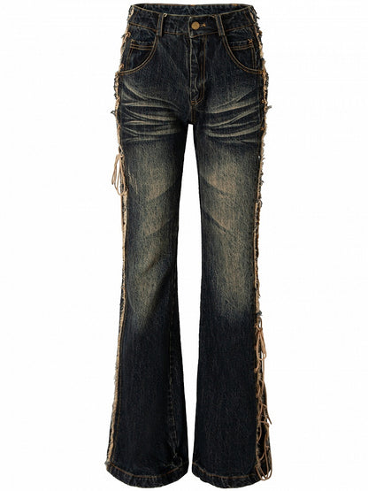 Dark Blue Wasteland Punk Raw Hem Lace-up Detail Fishtail Jeans