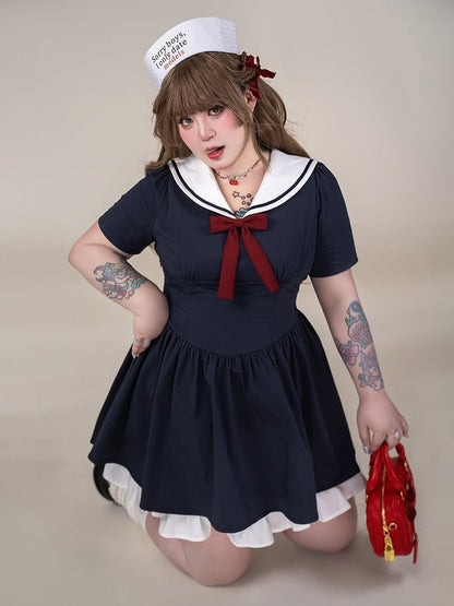 Plus Size Blue Sailor Collar Basque Waist Summer Dress